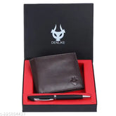 Brown faux leather men's RFID wallet and pen combo with 8 card slots, solid design, free size