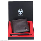 Brown faux leather men's RFID wallet and pen combo with 8 card slots, solid design, free size
