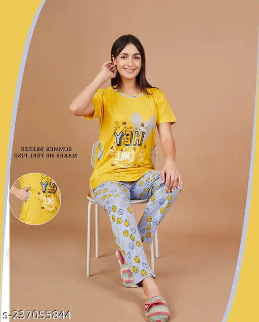 Vibrant printed cotton nightsuit long t-shirt with two side pockets, ideal for summer in high quality 100% cotton fabric. Made in India