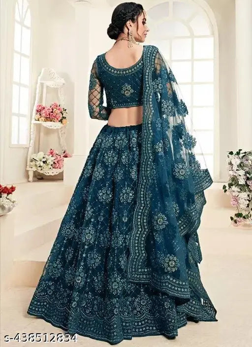Indian traditional net Lehenga-choli with embroidered dupatta, semi-stitched (42m/42m/2.05m), ideal for festive occasions or bridal wear