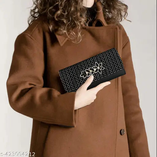 Canvas and leather printed net GMW Women's clutch, free size (8in x 1in), Made in India