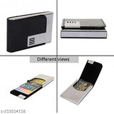 Black leather and stainless steel credit card case, business card holder wallet for men and women - sleek design and durable material for everyday use