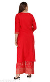 Printed rayon kurta plazzo set, three-quarter sleeves with gold print and lace detailing, Indian ethnic wear for casual or occasion use