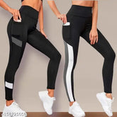 Striped polyester spandex gym leggings for ladies, stretchable and breathable workout jeggings in peach color, ankle length with one side pocket, size 28-40 inches