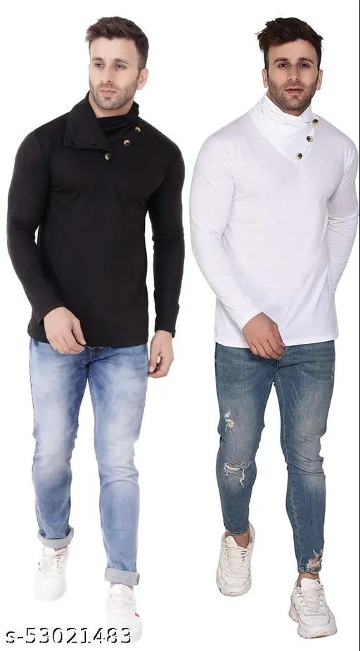 Multicolor cotton blend high neck long sleeves t-shirt, ideal for casual wear, India origin