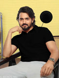 Black polo dot knit t-shirt with cotton blend collar, short sleeves for men and women. Solid pattern, size XL