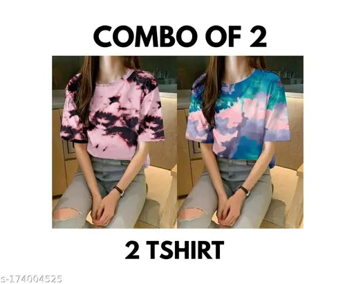 Lycra oversized women's combo t-shirt (2 units) - unique print, casual style, India origin