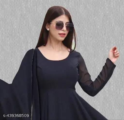 Casual wear women's black georgette gown dupatta set with long sleeves, high quality full-stitching from India
