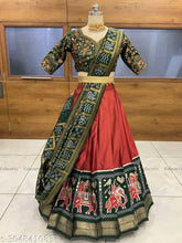 Art Silk traditional half saree, South Indian style with Ikat patterns and embroidery work. Unstitched set includes Litchi Silk zari work lehenga (3.60M), tafeta silk choli, and dupatta (2.30M). Includes tussles, belt, and best quality fabric. Ready to ship from India