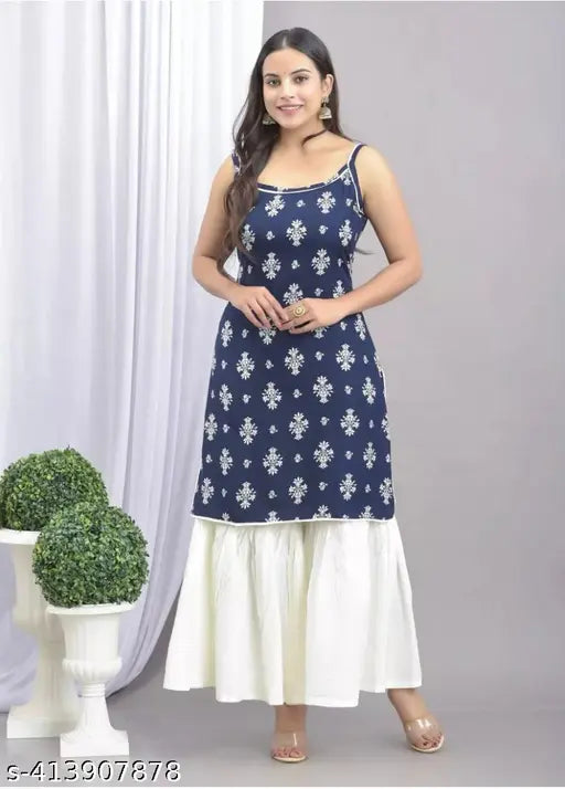Rayon sleeveless kurta set with sharara bottomwear, printed net fashionable kurta from Osam Design, India