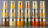 Silver line plastic jar containers, freezer-safe for kitchen spice storage. Set of 18 includes 3 sizes: 350ml, 650ml, and 1200ml with 18 spoons. Indian origin
