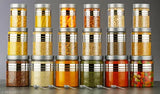 Silver line plastic jar containers, freezer-safe for kitchen spice storage. Set of 18 includes 3 sizes: 350ml, 650ml, and 1200ml with 18 spoons. Indian origin