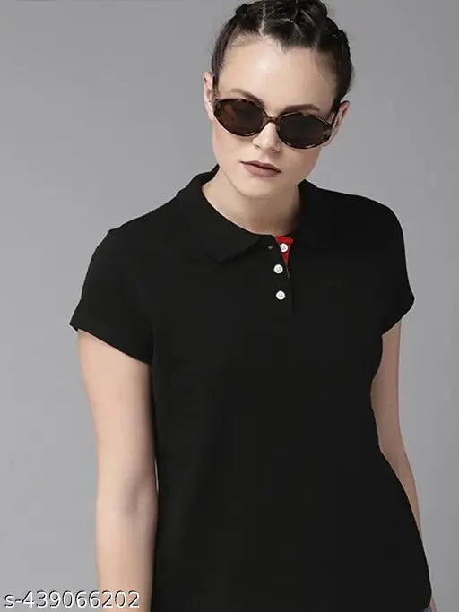 Women's cotton blend polo collar solid t-shirt, short sleeves, S to XL sizes