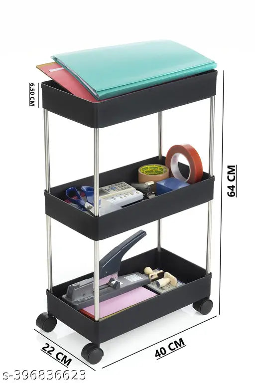 Black plastic vegetable kitchen trolley with three shelves, ideal for organizing produce in the home