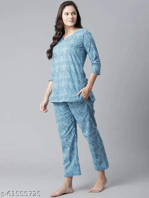 Divena blue printed cotton nightsuit, vibrant and cool, perfect for summer and winter nightwear