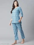 Divena blue printed cotton nightsuit, vibrant and cool, perfect for summer and winter nightwear