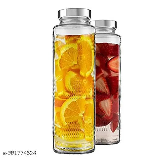 Clear glass airtight water bottles (set of 3) - leak-proof stainless steel lids for juice, smoothies & beverages