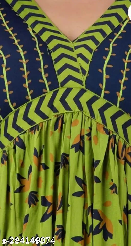 Rayon green middi gown/kurti for women/girls, three-quarter sleeves, printed rayon. Classic and trendy women's kurti set for weddings and occasions from India