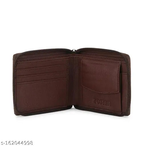 Brown faux leather round zip wallet with 2 compartments, solid pattern. Perfect organization for cards and currency in a stylish, spill-proof design. Men's wallet from ZOSTER, India
