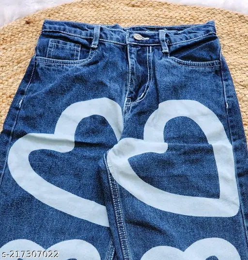 Dark blue heart print wide leg denim jeans for women, crafted from lightweight denim fabric