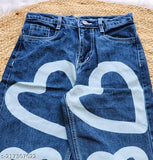 Dark blue heart print wide leg denim jeans for women, crafted from lightweight denim fabric