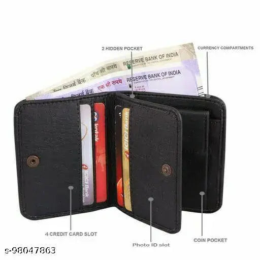 Trendy black PU leather mens wallet, solid pattern, 2 compartments, free size (11cm x 9cm), perfect daily use accessory