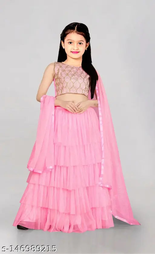 Kids ruffle lahenga choli set, satin top with net lehenga and dupatta, semi-stitched for party/wedding wear, sizes 1-16 years