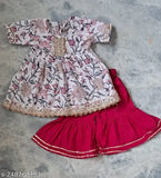Cotton Nusrat Kurti & Sharara set, printed anarkali with three-quarter sleeves, vibrant Indian Gota lace design for infants (12-24 months)