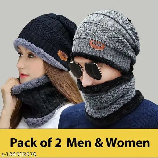 Gray & Navy Blue woolen beanie, 2PC10, hand-washable casual wear from Miss8teen