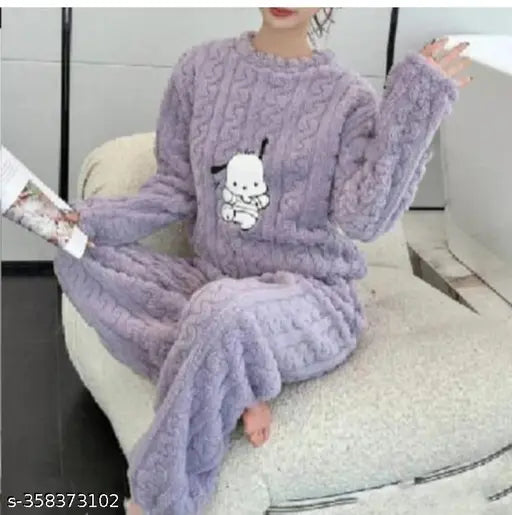 Purple wool nightsuit, thickened plush Pochacco Anime design, Malik Fashio women's sleepwear for cool winter nights