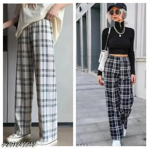 Black and white checked cotton trousers pack of 2 for women, stylish fit for sizes 26, 28, 30, 32