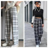 Black and white checked cotton trousers pack of 2 for women, stylish fit for sizes 26, 28, 30, 32