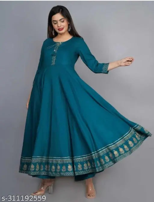 Green rayon anarkali kurti with three-quarter sleeves, hand-printed Charmings Gold design, India origin