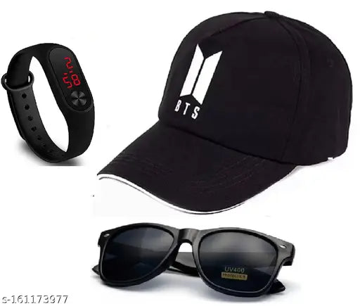 Black polarized wayfarer sunglass combo, BTS embroidered cap & free LED band watch set for men & boys - Indian fashion accessories collection