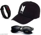 Black polarized wayfarer sunglass combo, BTS embroidered cap & free LED band watch set for men & boys - Indian fashion accessories collection