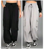 Black & Grey Lycra cargo jogger pants with four pockets, offering a utilitarian yet fashionable look for women