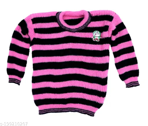Woolen striped pullover for babies (2-4 years), warm and comfortable unisex sweater with attached sticker design, handmade woolen winter wear from India