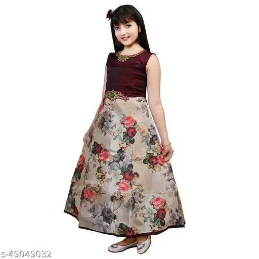 Silk printed net knee-length wedding party dress for girls (6-12 years), Indian origin