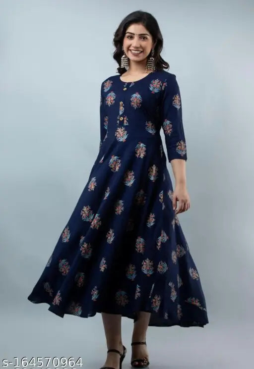 Rayon three-quarter sleeve printed Gowan dress, fashionable Indian women's garment with quarter-length sleeves and printed combo pattern, available in multiple sizes (M-XXXL)