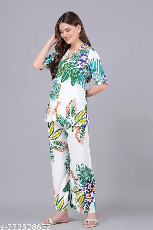 women's rayon printed night suit set, two-piece sleepwear with short sleeves, available in M, L, XL, XXL, XXXL, 4XL, 5XL. Comfortable and elegant Indian-made nightwear for a cozy rest