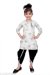 Cream checked Patiala suit for girls, Hariyal Creation Kids PartyFestive Fawn design. Cotton silk anarkali style with short sleeves, knee-length top and patiala bottom. Indian ethnic wear for 3-4 years