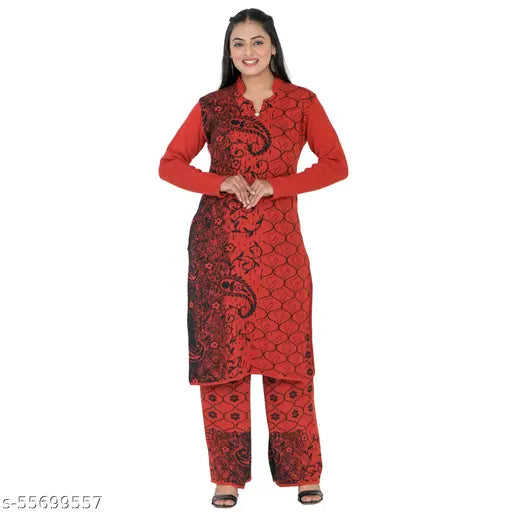 Maroon woolen kurta with palazzos - Fashionable straight self-design for women, soft and luxurious material, warm and comfortable for casual or occasional wear