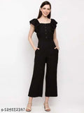 Black crepe sleeveless jumpsuit for women, trending fashion on model