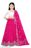 Embroidered dupion silk party wear lehenga-choli with net duppatta, semi-stitched, suitable for girls aged 3-14 years