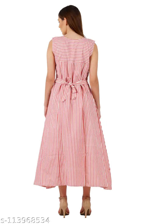 Orange striped cotton A-line sleeveless kurti, comfortable women's fashion from Ozee Fashion, India