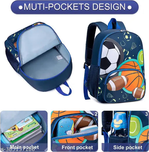 Polyester blue volleyball-patterned school backpack, ideal for students from Class 1 to 8, spacious with multiple pockets and compartments