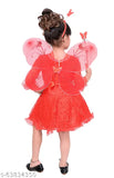 Red designer net party dress for girls, self-design festive pari style by RK Collection. Accessorized with butterfly wings and hairband, ideal for Christmas