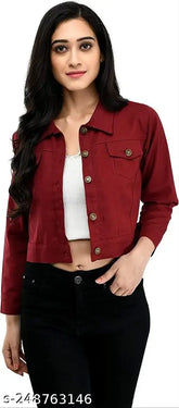 Denim maroon long sleeve jacket, solid color with size options for S, M, L, XL