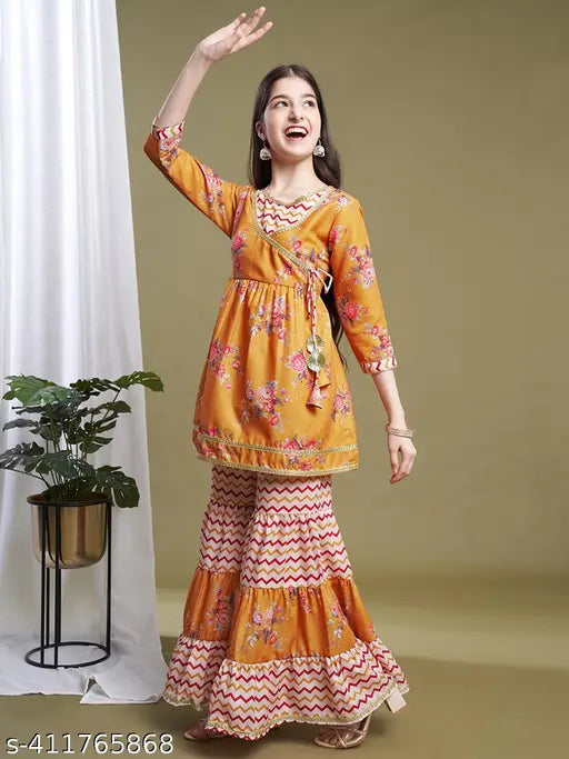 Floral printed polycotton kurta & sharara set in mustard, violet, pink, or teal blue - traditional angrakha style with three-quarter sleeves and lace border for girls aged 8 to 15 years