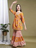Floral printed polycotton kurta & sharara set in mustard, violet, pink, or teal blue - traditional angrakha style with three-quarter sleeves and lace border for girls aged 8 to 15 years